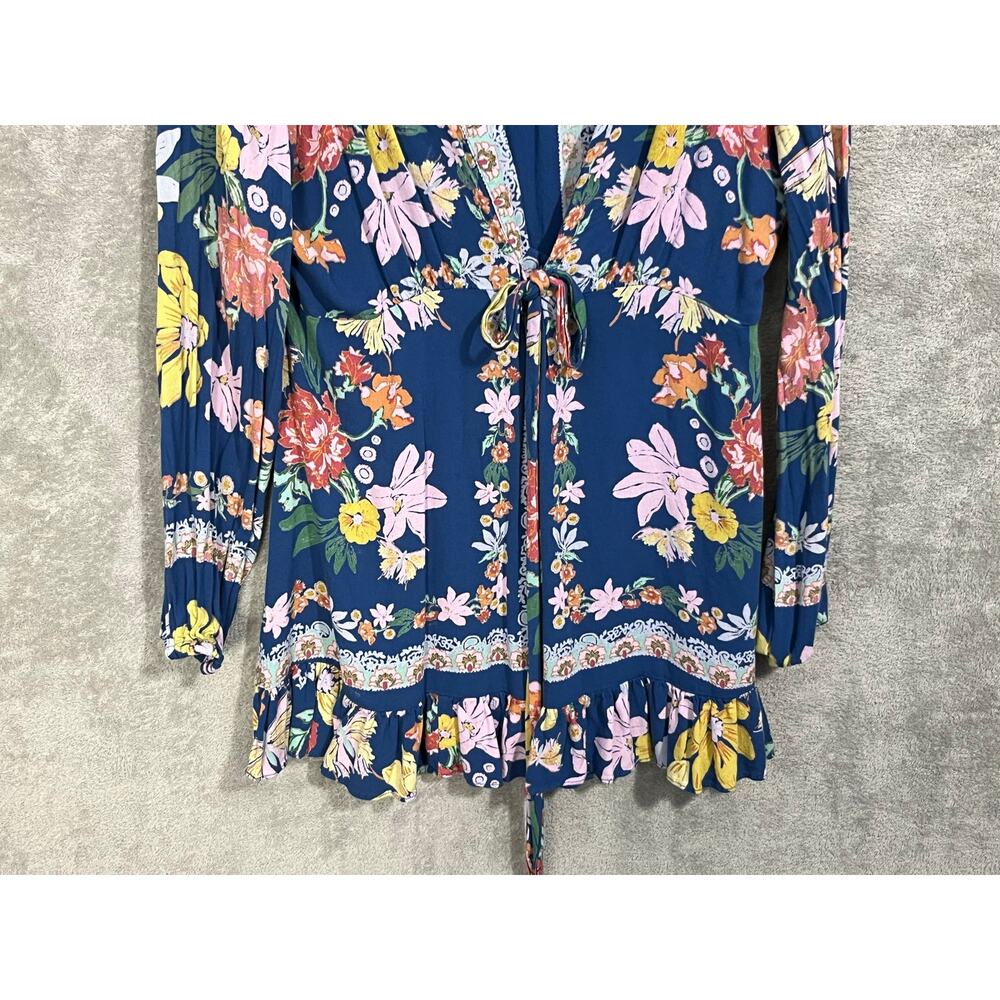 Free People Tunic Blouse Small Blue Floral Tie Back Boho Hippie Festival - Picture 4 of 10
